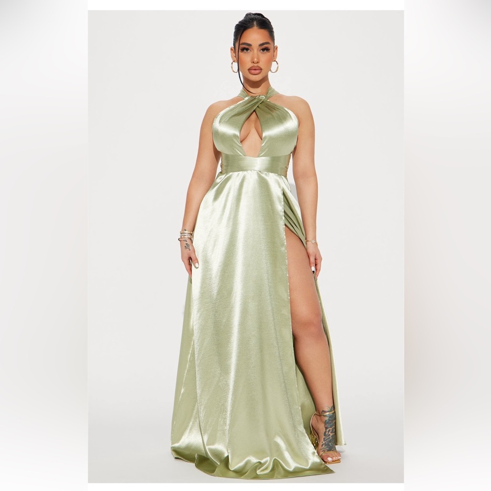Fashion Nova Satin Backless Dress in Sage